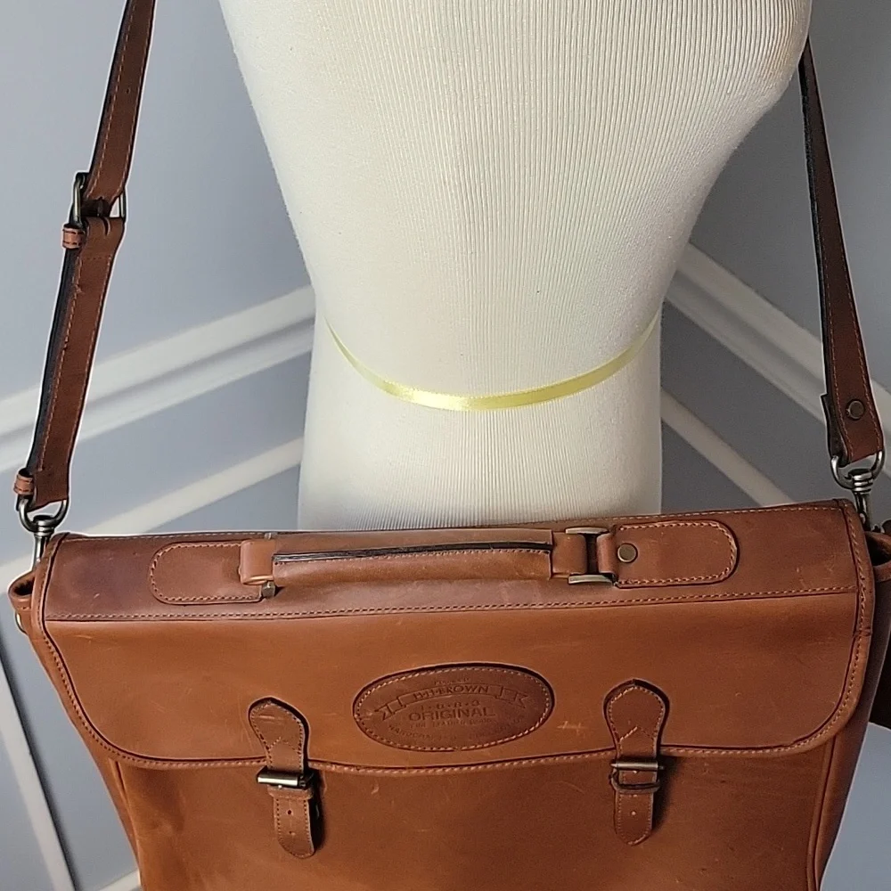 H.H. BROWN Tan‎ Leather Laptop Attaché Work Messenger Crossbody Shoulder Bag VTG